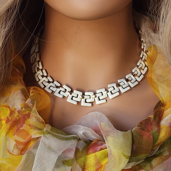 Vintage America Jewelry - Gold Necklace Statement Gold Greek Key White Enamel Link Chain Chunky Bold